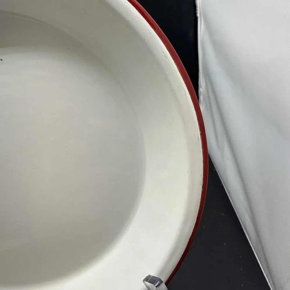 Vintage White Red Rim Enamelware Dinner Plate Farmhouse Camp Rustic 9.25 Inches